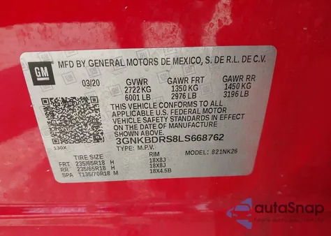 2020 Chevrolet Blazer Fwd 3Lt z USA, uszkodzony, nr VIN 3GNKBDRS8LS668762